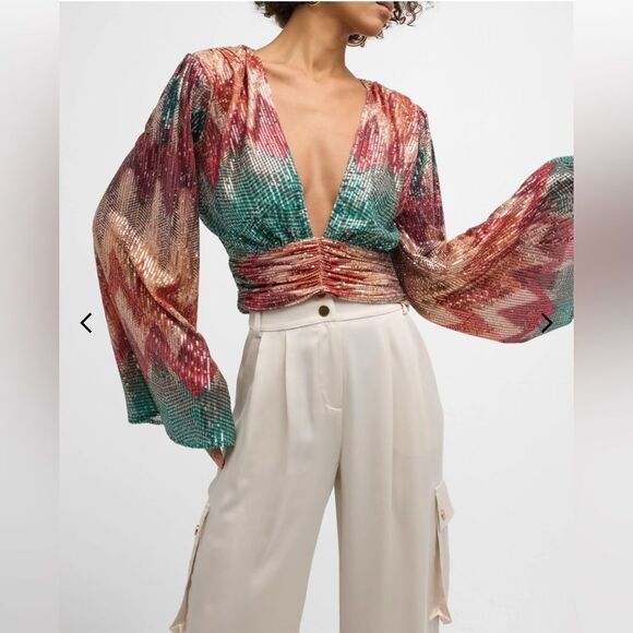 Ramy Brook NWT Erin Sequin V-Neck Blouse in Red and Green - Picture 1 of 8
